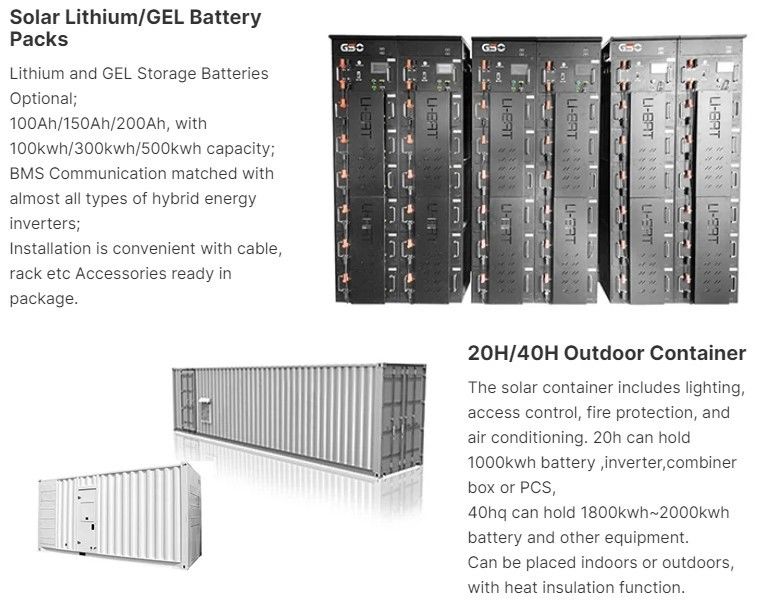 ESS 10 Anos Tempo de vida Bateria exterior 1MWh 5MWh 10MWh 20ft 40ft Container Bateria solar Sistema de armazenamento de energia